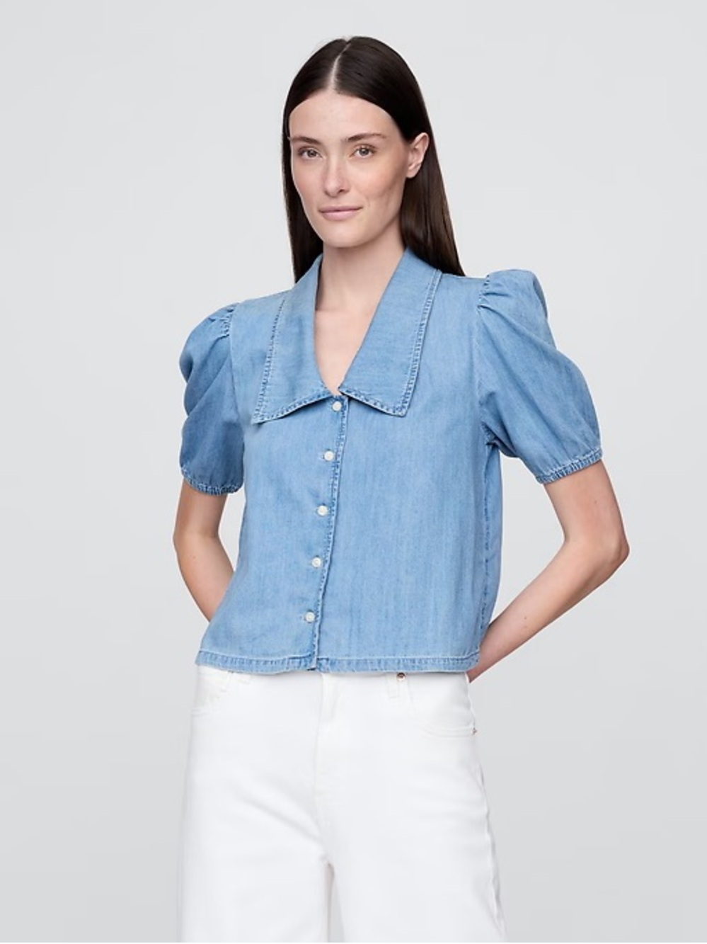 GAP Women’s Denim Puff-Sleeve Collared Shirt Size Medium